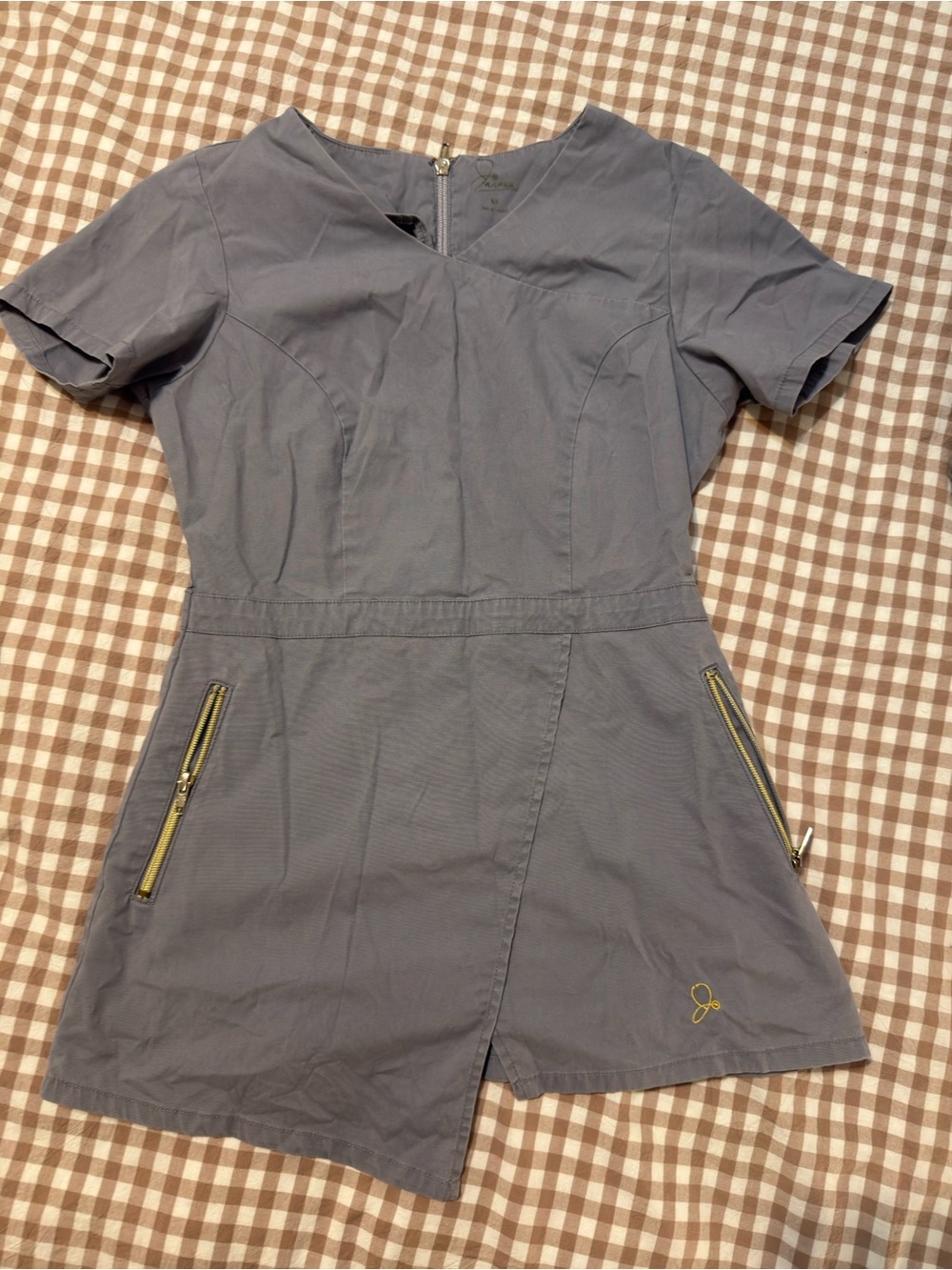 Jaanuu Slate Gray tunic scrub top with Gold Zipper Accents